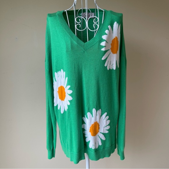 Laurie Felt Cashmere Blend Daisy Print Sweater Green long sleeve size M - Picture 5 of 10